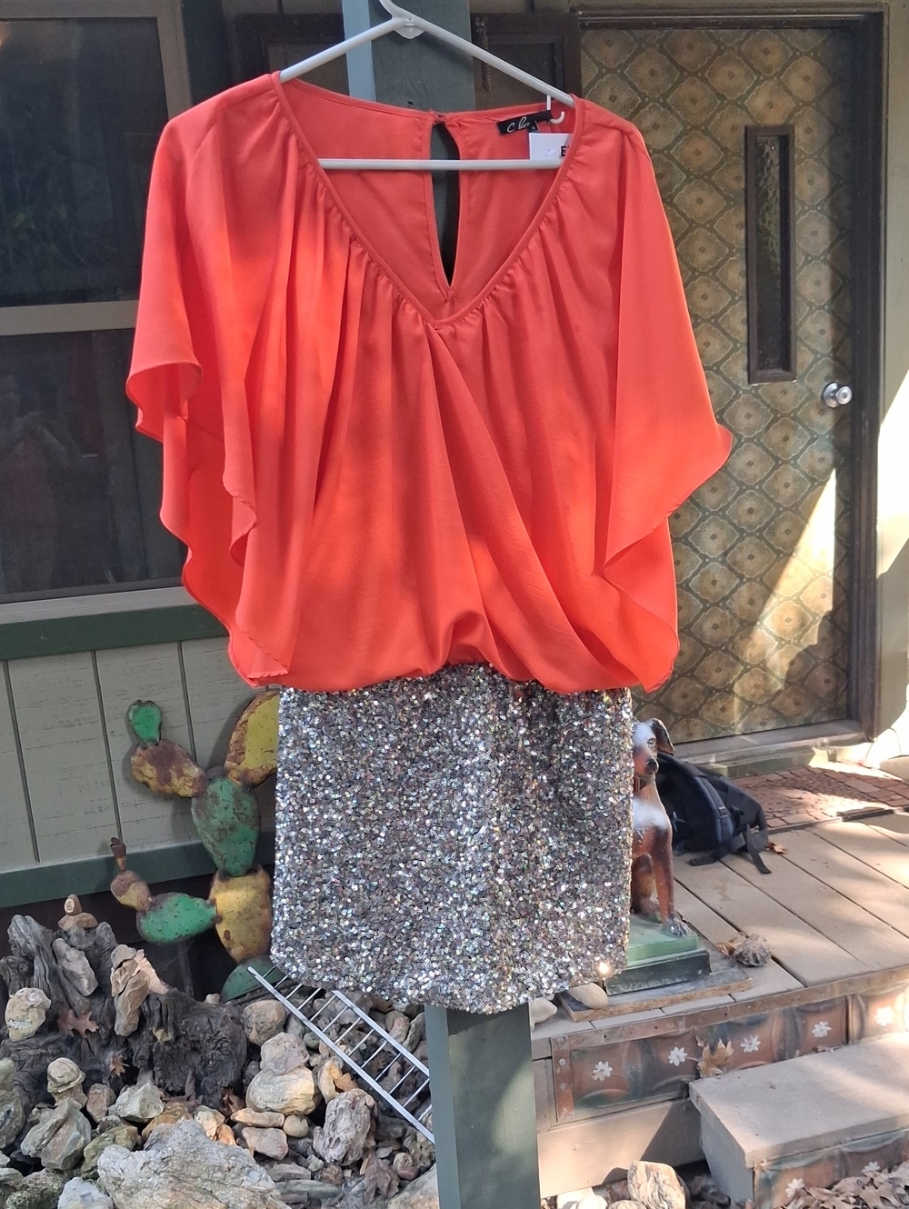 C&C California Coral Orange V-Neck Flutter Sleeve With Sequined Silver Spandex